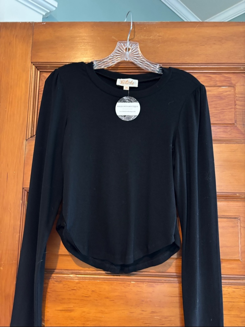 Listicle Black Long Sleeve Crewneck Top with Slight Puff Shoulders